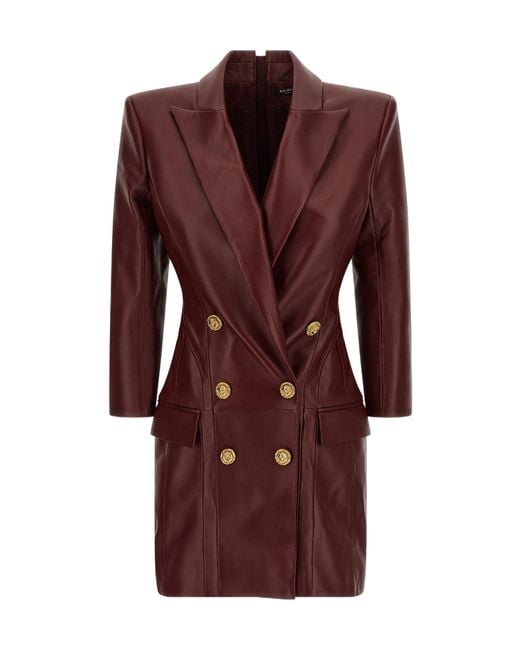Balmain Red Double Breasted Leather Blazer Dress