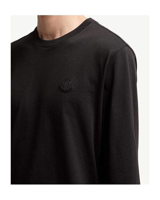 Moncler Black Leather Logo Long Sleeve Cotton T-Shirt for men
