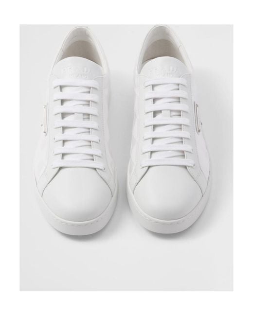 Prada White Triangle-Logo Round-Toe Lace-Up Sneakers for men