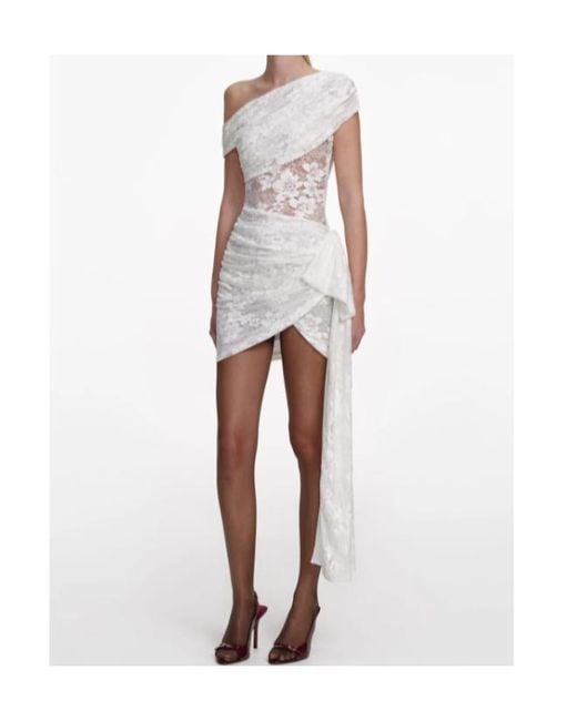 Self-Portrait White Asymmetric Lace Draped Mini Dress