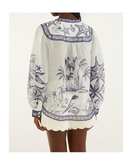 Farm Rio Gray Seaside Print Long Sleeve Top