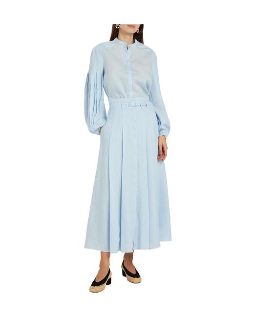 Gabriela Hearst Blue Belted Pleated Linen Midi Skirt