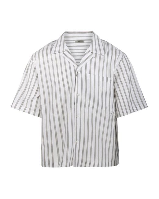 DUNST Gray Cropped Open Collar Striped Shirt for men