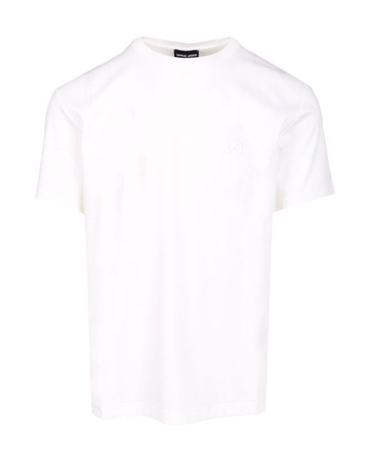 Giorgio Armani White Logo Embroidered Crewneck T-Shirt for men