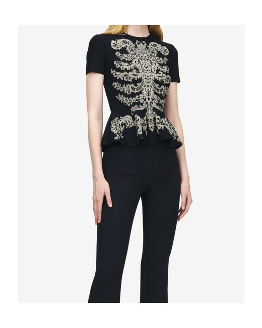 McQueen Black Lace Ribcage Jacquard Peplum Top