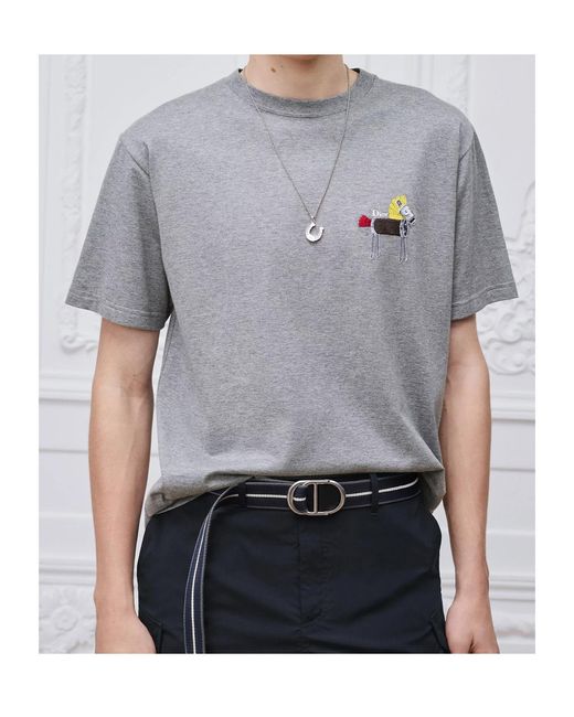 Dior Gray T-Shirt With Horse Embroidery, Relaxed Fit for men