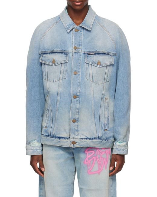 Palm Angels Blue Distressed Logo Patch Jacket for men