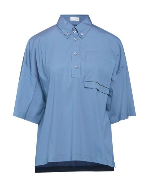Brunello Cucinelli Blue Solid Color Short-Sleeve Shirt