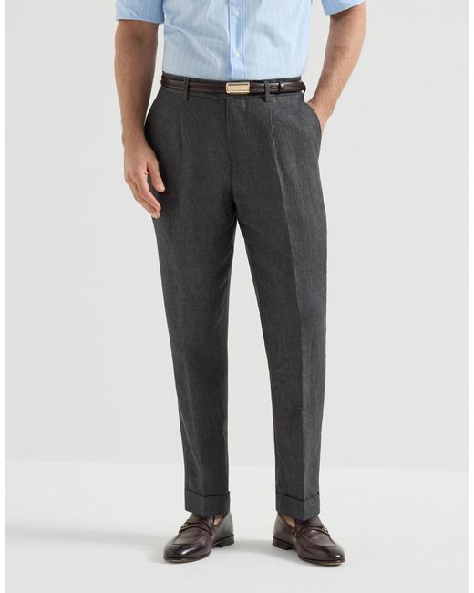 Brunello Cucinelli Gray Pleat Delave Linen Trousers for men