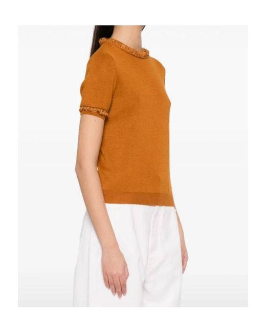 ShuShu/Tong Orange Lace-Trimmed Short-Sleeve Sweater