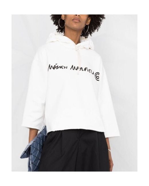 MM6 by Maison Margiela White Cropped Logo-Print Hoodie