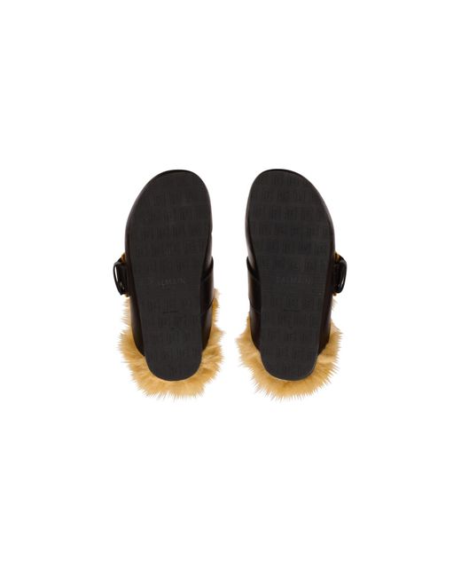 Balmain Black Flat Leather And Faux Fur Mules