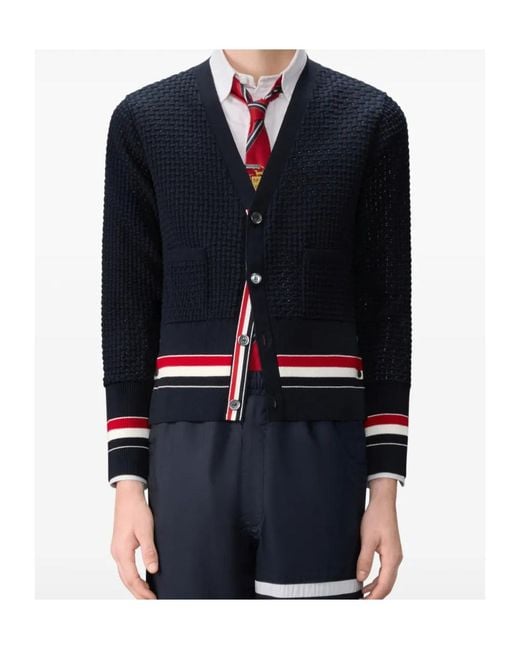 Thom Browne Blue V-Neck Stripe-Detailed Cardigan for men
