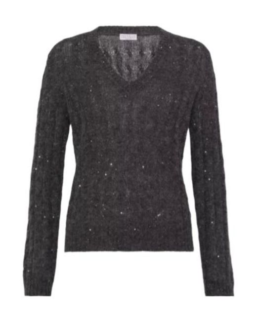 Brunello Cucinelli Gray V-Neck Knitted Sweater