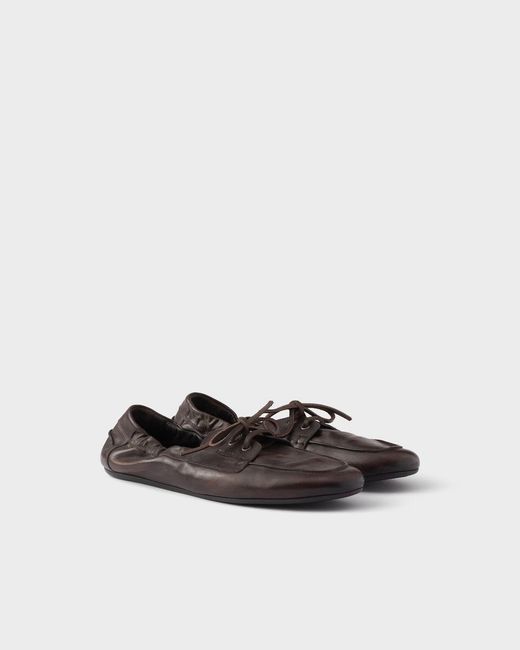 Prada Brown Logo-Printed Lace-Up Boat Shoes for men