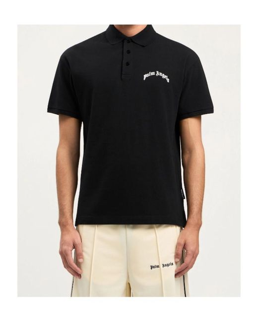 Palm Angels Black Curved Logo Short-Sleeved Polo Shirt for men