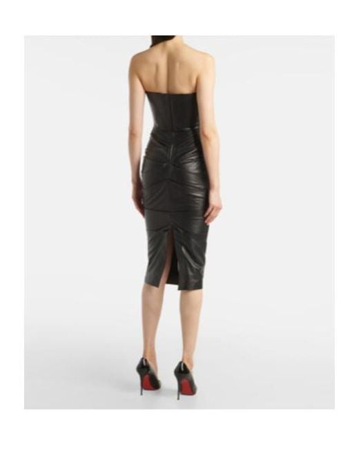 Alex Perry Black Ruched Leather Midi Dress