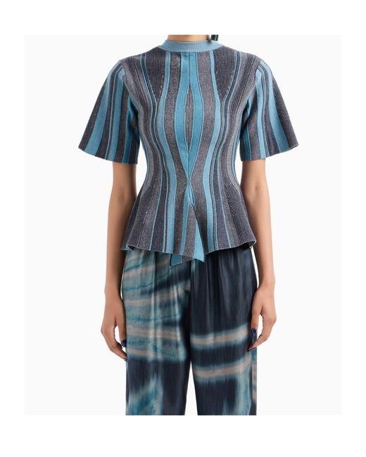 Giorgio Armani Blue Jacquard Short-Sleeve Sweater