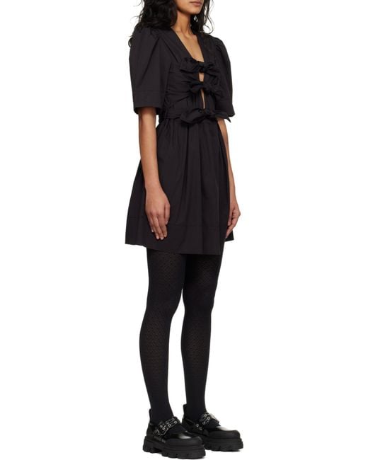 Ganni Black Bow Detailed V-Neck Mini Dress