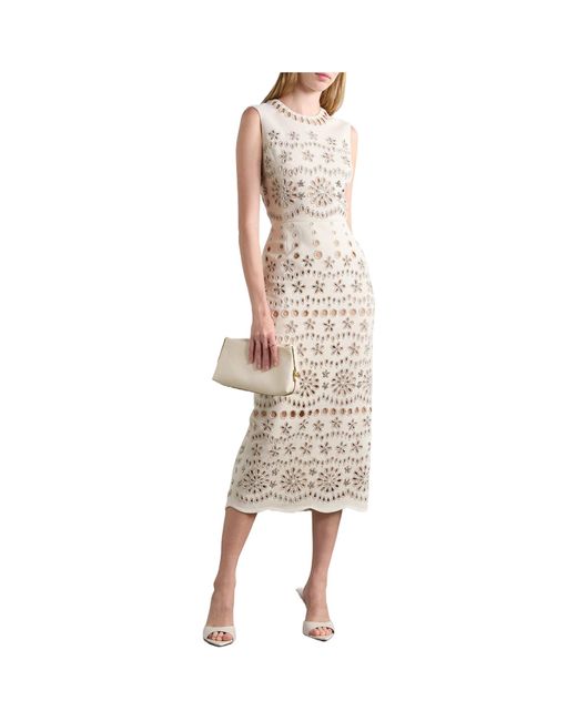 Oscar de la Renta White Crystal Embellished Embroidered Blended Dress