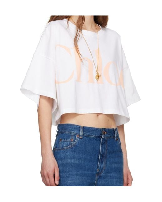 Chloé White Chloé Logo Printed Oversized Cropped T-Shirt