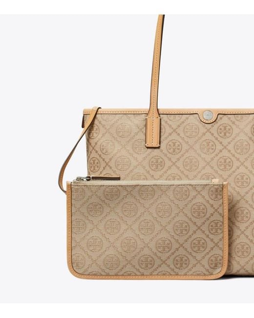 Tory Burch Natural T Monogram Small Zip Tote
