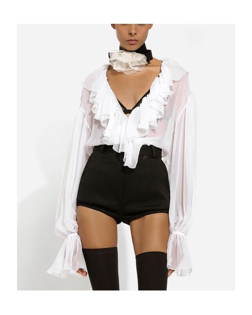 Dolce & Gabbana White Ruffle Detailed Chiffon Blouse
