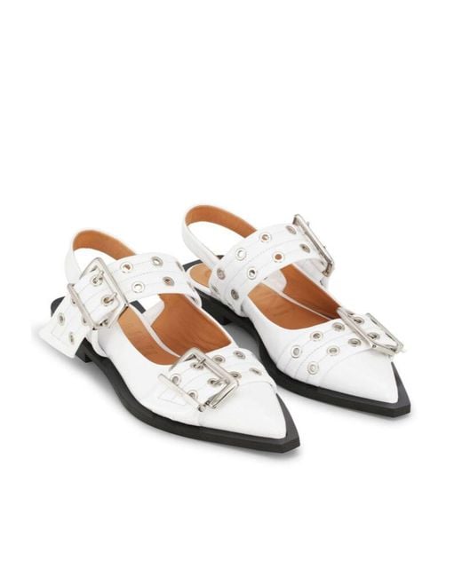 Ganni White Egret Pointed Toe Buckle Ballerinas