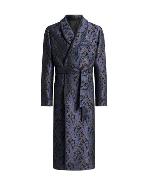 Etro Blue Chenille Jacquard Robe Coat With Metallic Paisley Motif for men