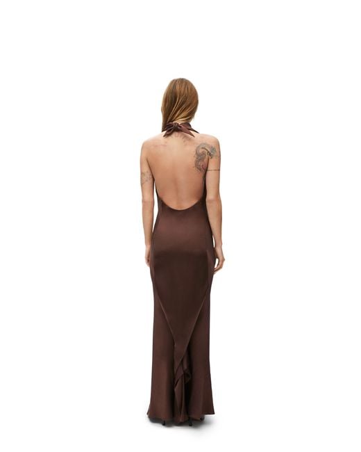 Loewe Brown Long Scarf Open-Back Halterneck Satin Dress