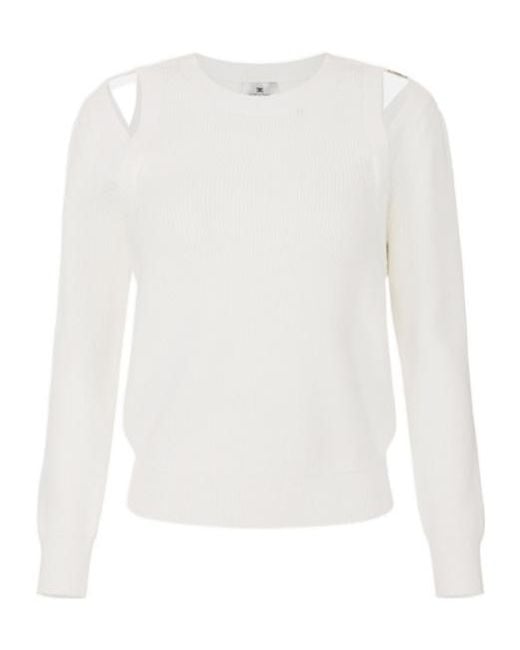 Elisabetta Franchi White Cut-Out Shoulder-Plaque Sweater
