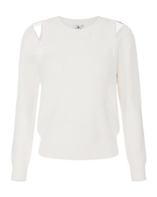 Elisabetta Franchi White Cut-Out Shoulder-Plaque Sweater