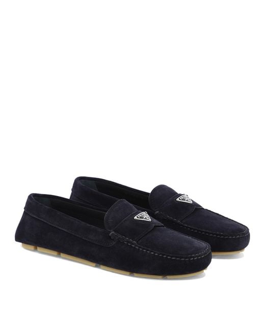 Prada Blue Enamel-Triangle-Logo Suede Loafers for men