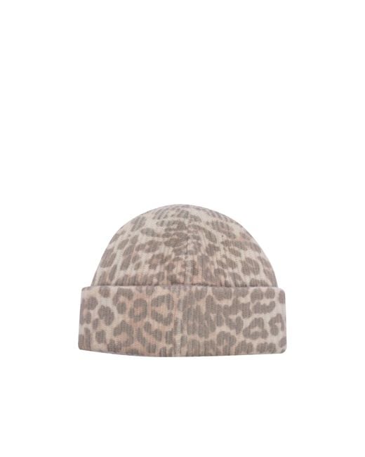 Ganni Gray Leopard Printed Beanie
