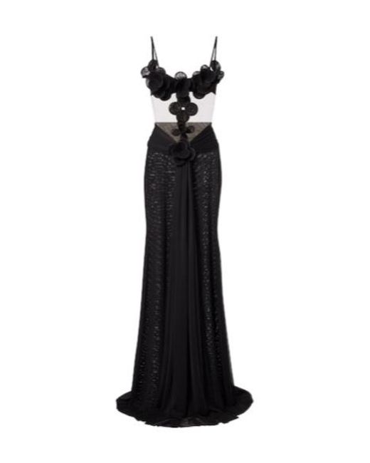 David Koma Black Floral-Appliqué Mesh Gown