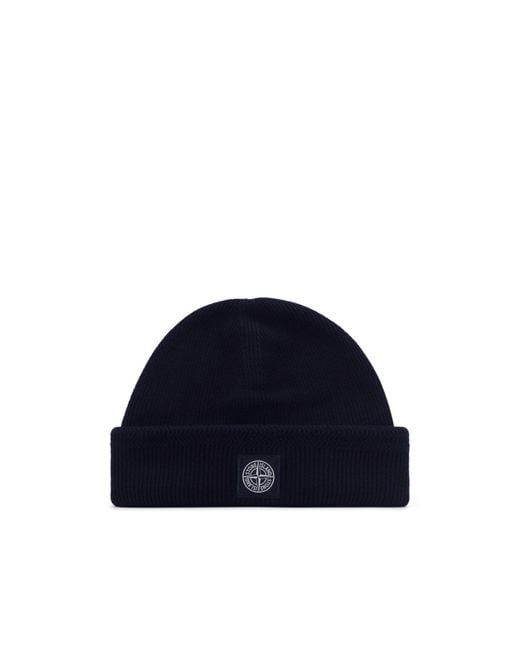 Stone Island Blue Compass Logo Patch Beanie for men