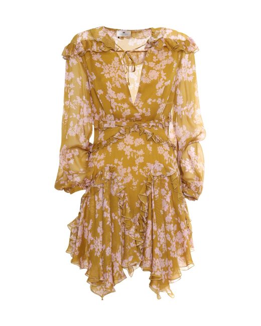 Elisabetta Franchi Metallic Ruffles Voile Printed Dress