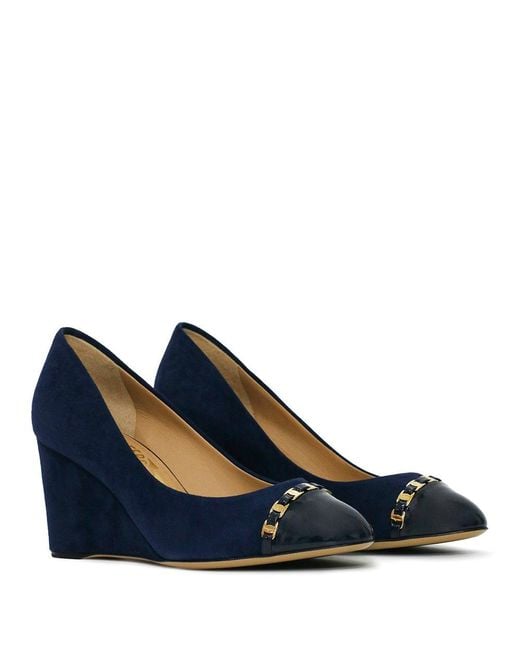 Ferragamo Blue Stitching Design Slope Heels