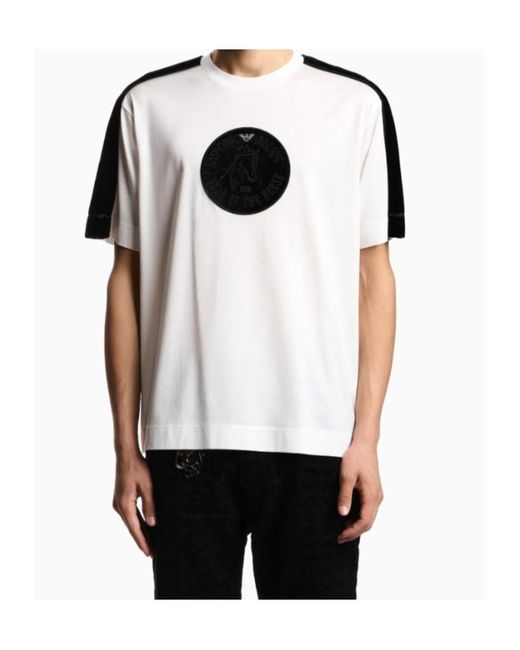 Emporio Armani White Velvet Panel Crewneck T-Shirt for men