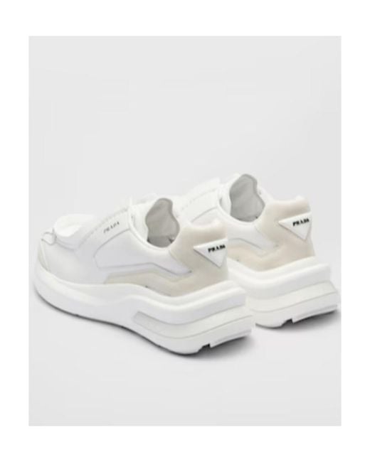 Prada White Brushed Leather Sneakers With Bike Fabric And Suede Elements for men
