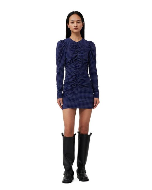 Ganni Blue Gingham Printed Crewneck Seersucker Mini Dress