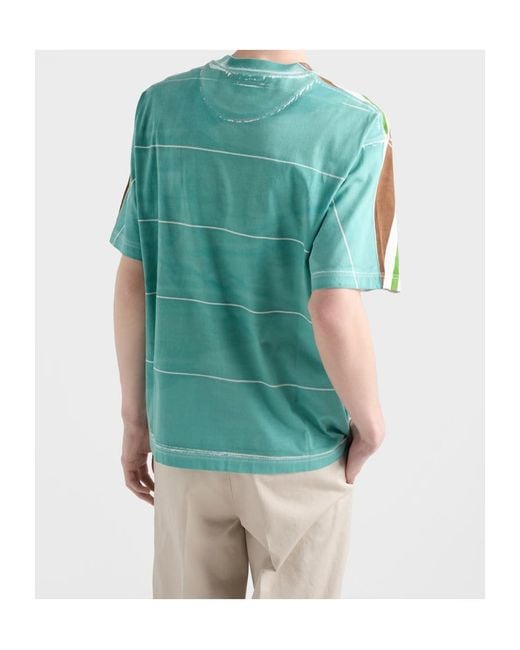 Prada Green Logo Detailed Striped T-Shirt for men