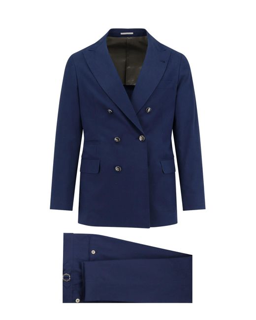 Brunello Cucinelli Blue Double-Breasted Cotton And Cashmere Suit for men