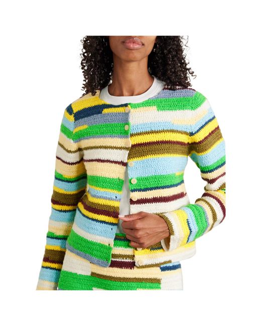 The Elder Statesman Green Striped Crocheted Organic Cotton Cardigan