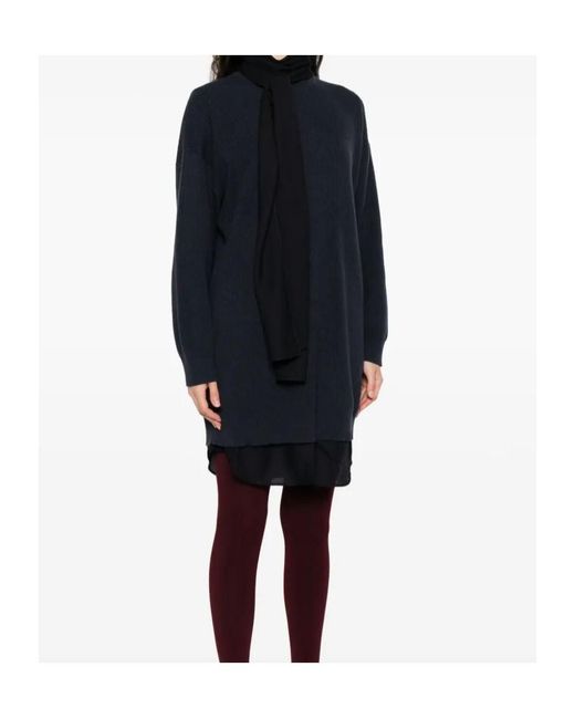 Brunello Cucinelli Blue Ribbed Tie-Neck Dress