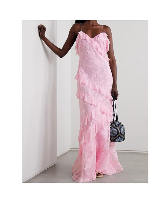 LoveShackFancy Pink Rialto Ruffled Georgette-Trimmed Lace Maxi Dress