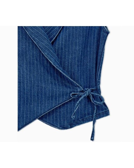 Emporio Armani Blue Pinstriped Wrap Denim Vest
