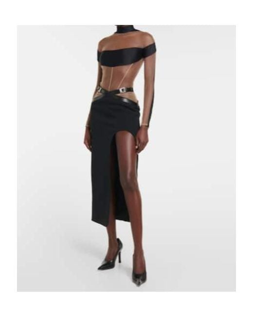 David Koma Black Leather-Trimmed Midi Skirt
