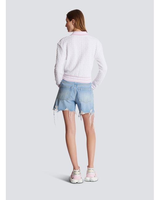 Balmain White Pb Monogram Jacquard Knit Polo Shirt