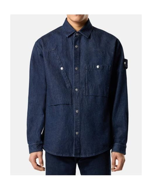 Stone Island Blue Logo Patch Long Sleeved Shirt Jacket for men